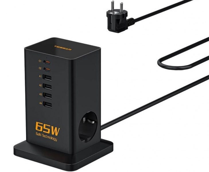 TESSAN 8 IN 1 GaN POWER STRIP 2xSCHUKO 4xUSB 2xTYPE-C 65W WITH CABLE 2M BLACK - TESSAN (TS-FS02DE00)