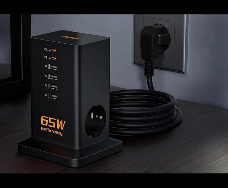 TESSAN 8 IN 1 GaN POWER STRIP 2xSCHUKO 4xUSB 2xTYPE-C 65W WITH CABLE 2M BLACK - TESSAN (TS-FS02DE00)